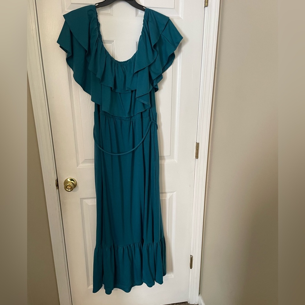 Elegant Teal Ruffle Maxi Dress